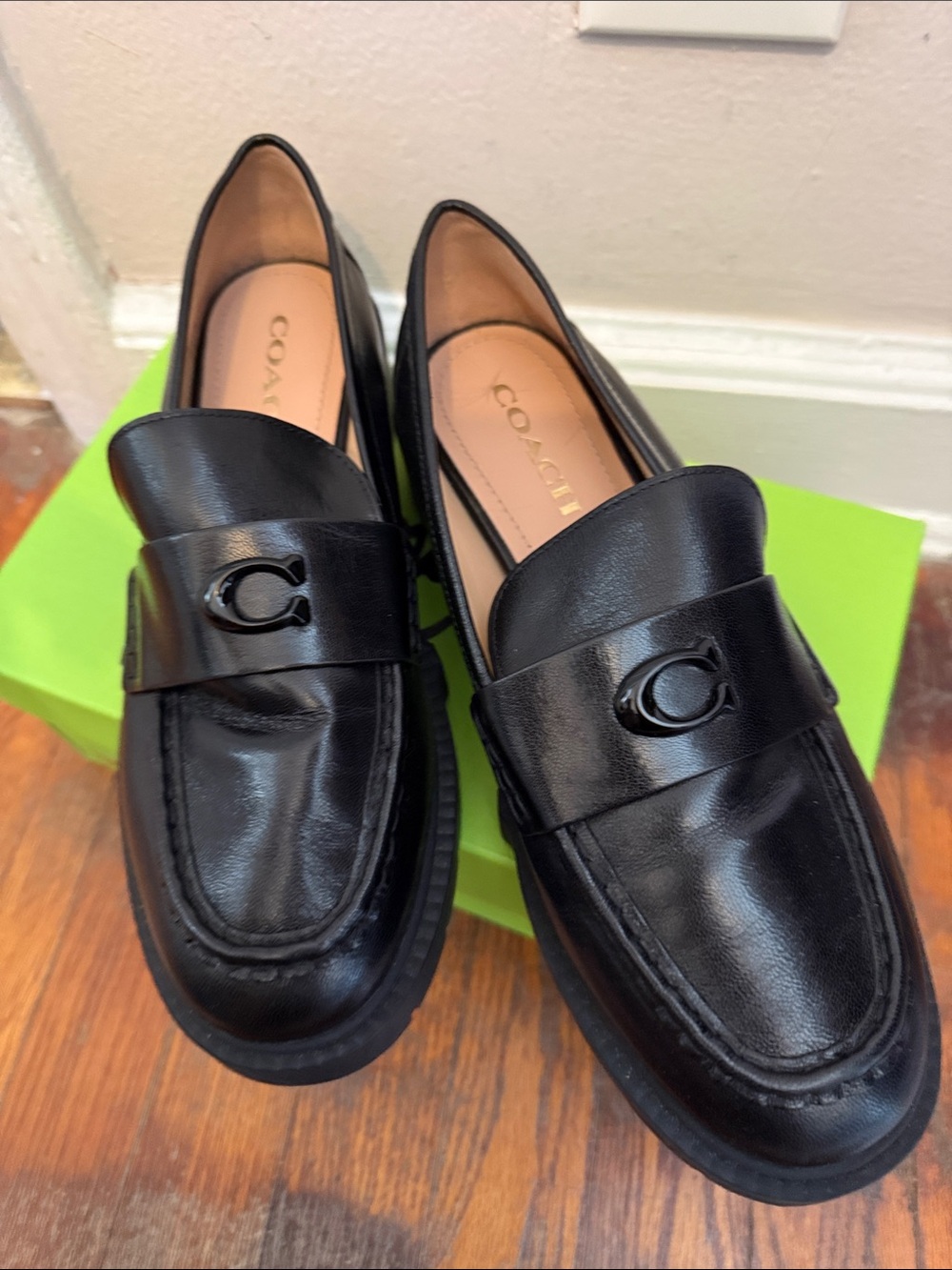 COACH Black Leather lug sole Loafers with Signature C size 9